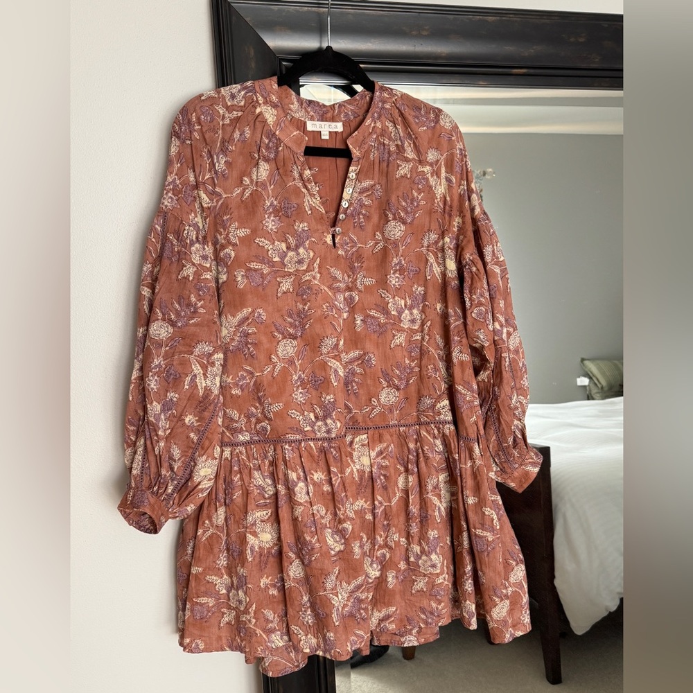 MAREA Floral Long Sleeve Dress in Brown and Cream